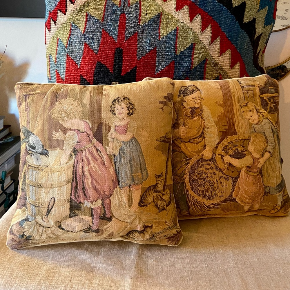 Pair Of Vintage French Tapestry Children’s Pillows With Cotton Velvet Backing